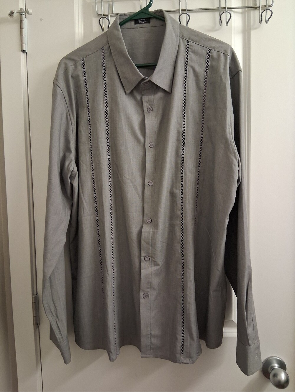 Men's Long-Sleeve Grey Dress Shirt with Decorative Trim